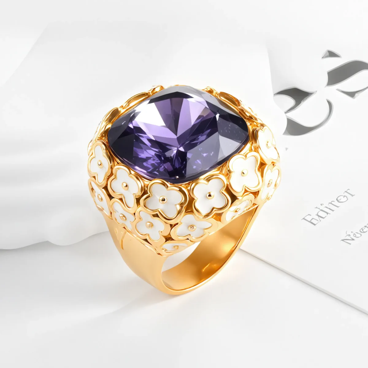 Vintage Inspired Flower Border Stainless Steel Gemstone Ring Women Ring | G004468 - Image 5