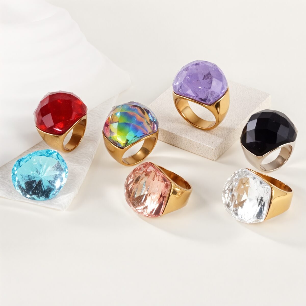 24K Gold PVD Stainless Steel Titanium Fashionable Multi-Color Gem Women's Ring丨K002622 - Image 1