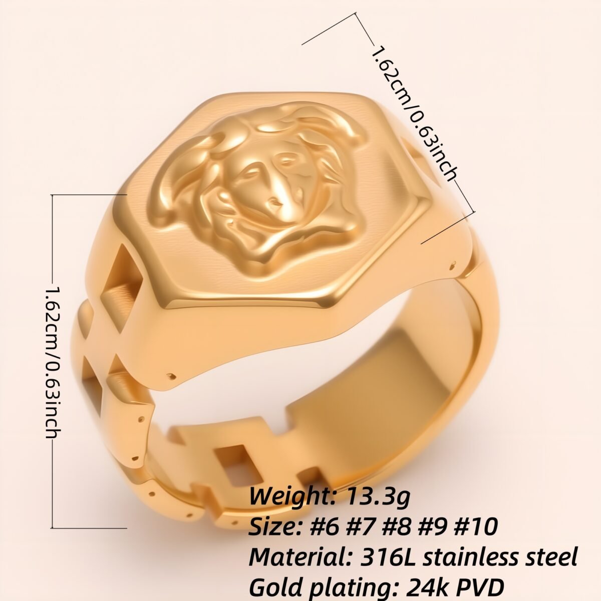 Trendy Men's Gold - colored Stainless Steel Ring with Embossed Medusa Motif | G00207JT - Image 2