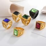 Vintage 24K gold-plated square crystal stainless steel ring for men | BL101