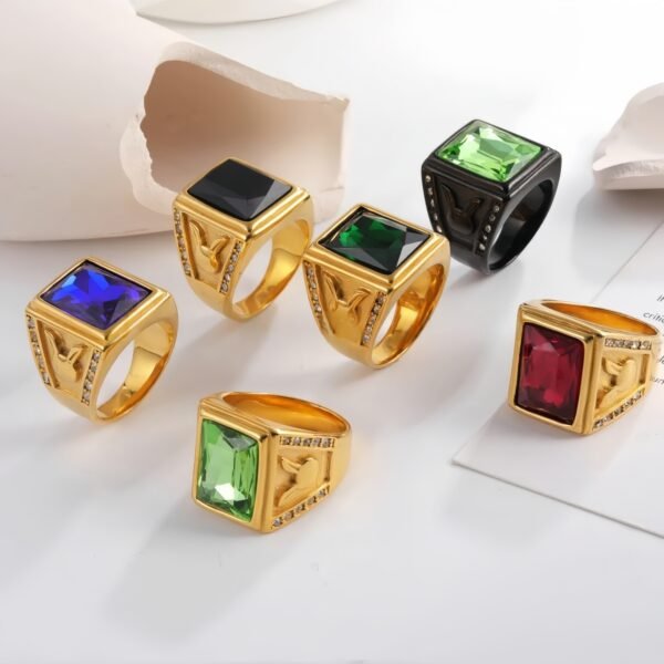 Vintage 24K gold-plated square crystal stainless steel ring for men | BL101