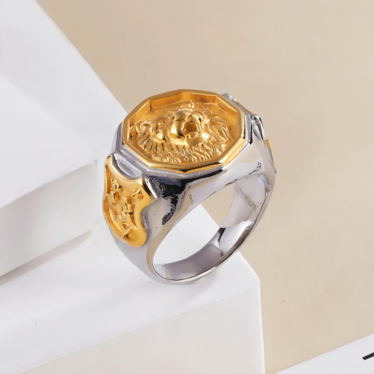 Vintage octagonal lion head stainless steel men's ring | G001011 - Image 4