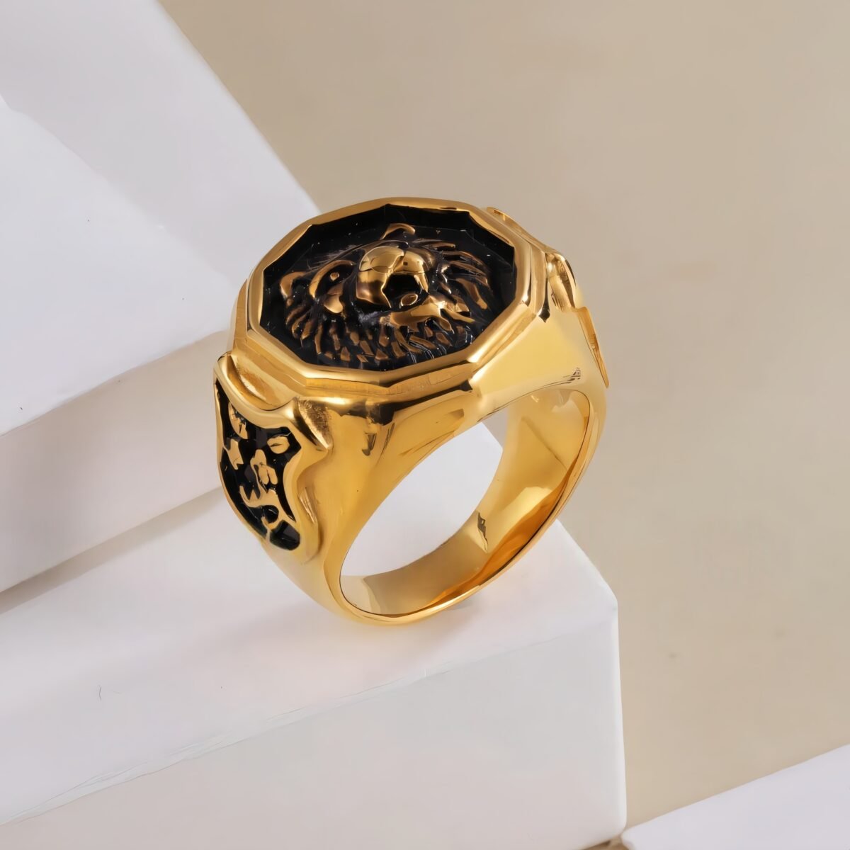 Vintage octagonal lion head stainless steel men's ring | G001011 - Image 2