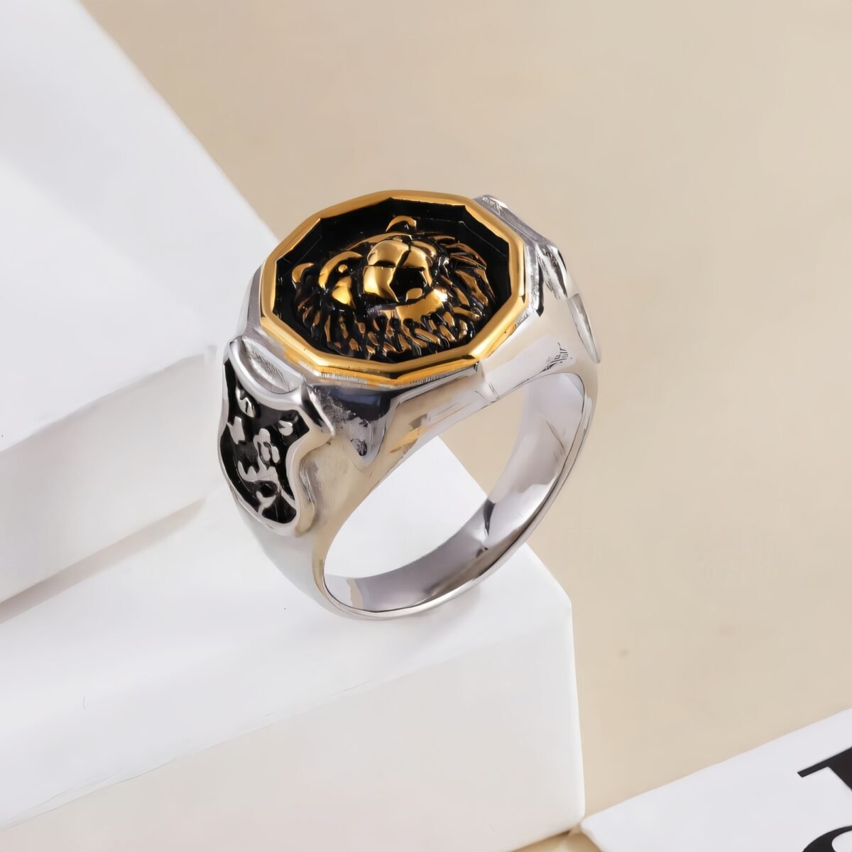 Vintage octagonal lion head stainless steel men's ring | G001011 - Image 3