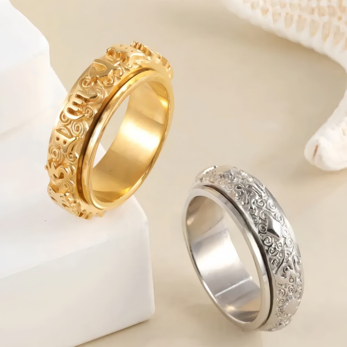 Rotatable Stainless Steel Ring Buddhist Scripture Design Meditation Band | A375 - Image 1