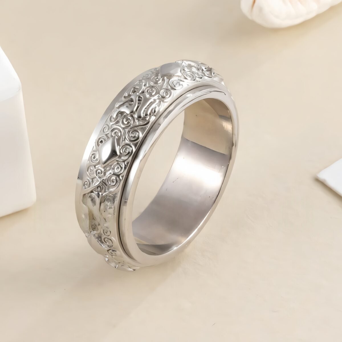 Rotatable Stainless Steel Ring Buddhist Scripture Design Meditation Band | A375 - Image 5