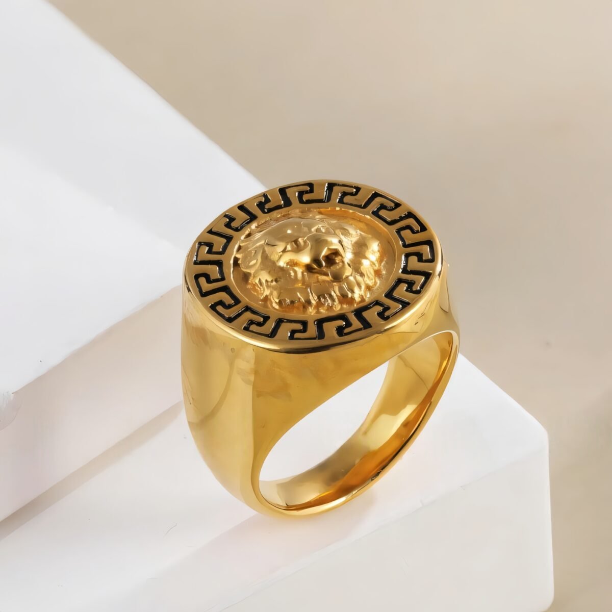 Stainless Steel Lion Head with Greek Key Pattern Men ring | A385 - Image 2