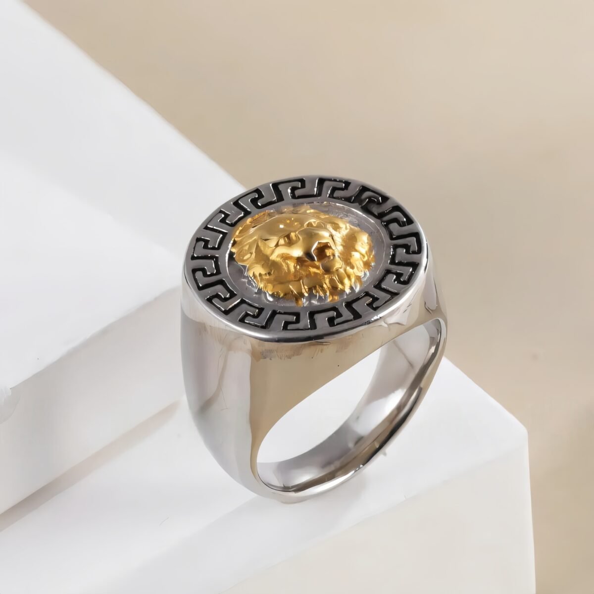 Stainless Steel Lion Head with Greek Key Pattern Men ring | A385 - Image 3