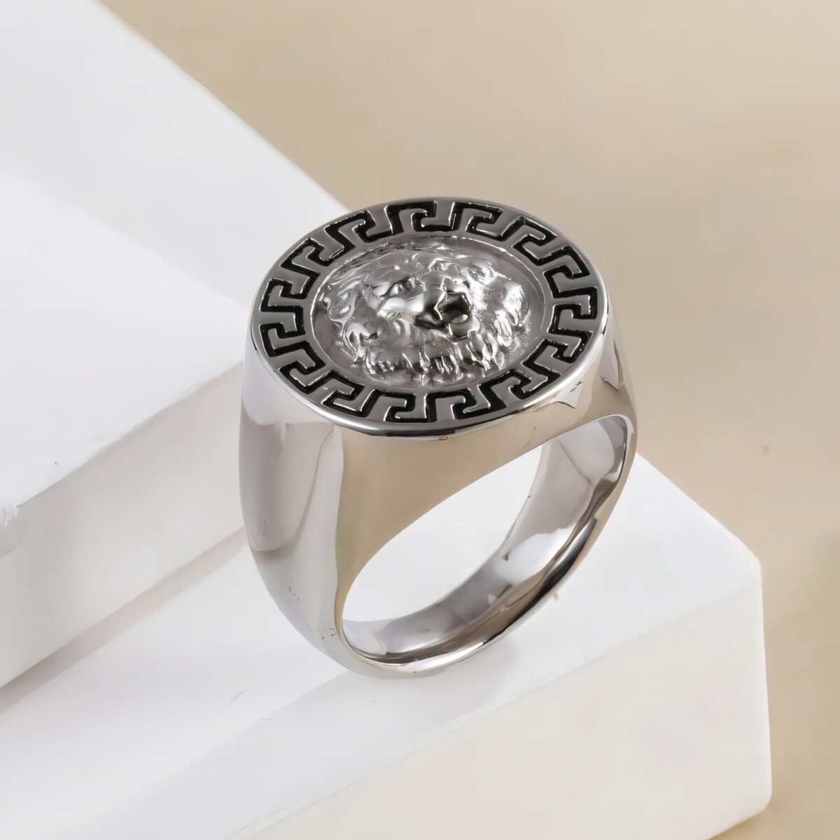 Stainless Steel Lion Head with Greek Key Pattern Men ring | A385 - Image 4