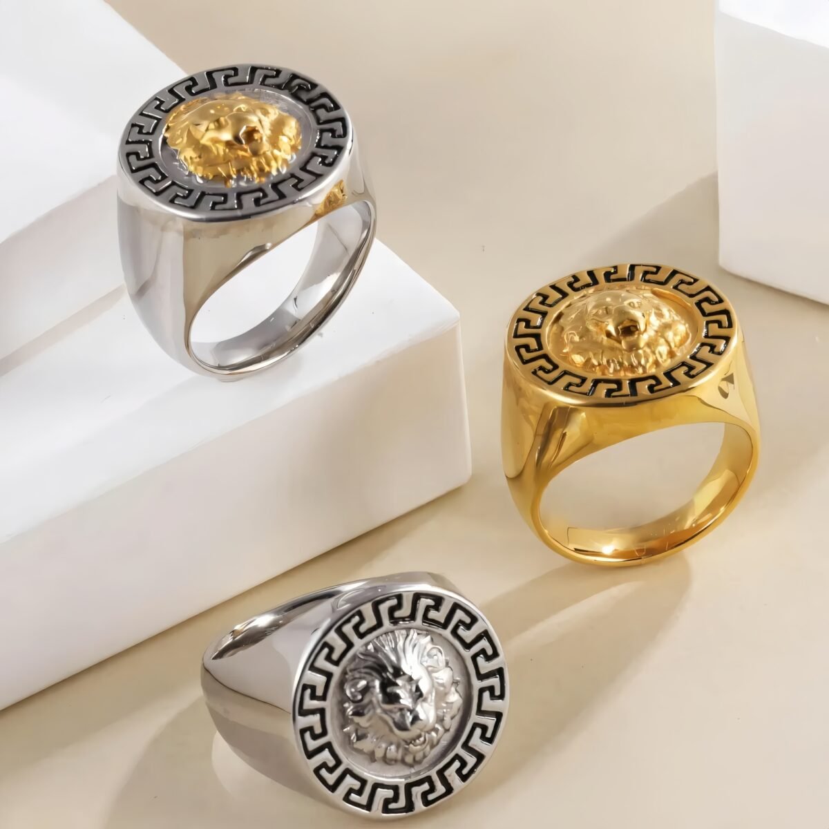 Stainless Steel Lion Head with Greek Key Pattern Men ring | A385 - Image 1