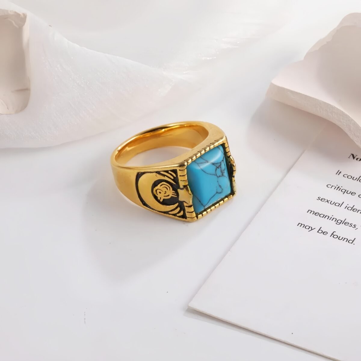 Vintage blue turquoise ring gold plated carved stainless steel men's ring | BL67 - Image 5