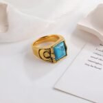 Vintage blue turquoise ring gold plated carved stainless steel men's ring | BL67 - Image 5