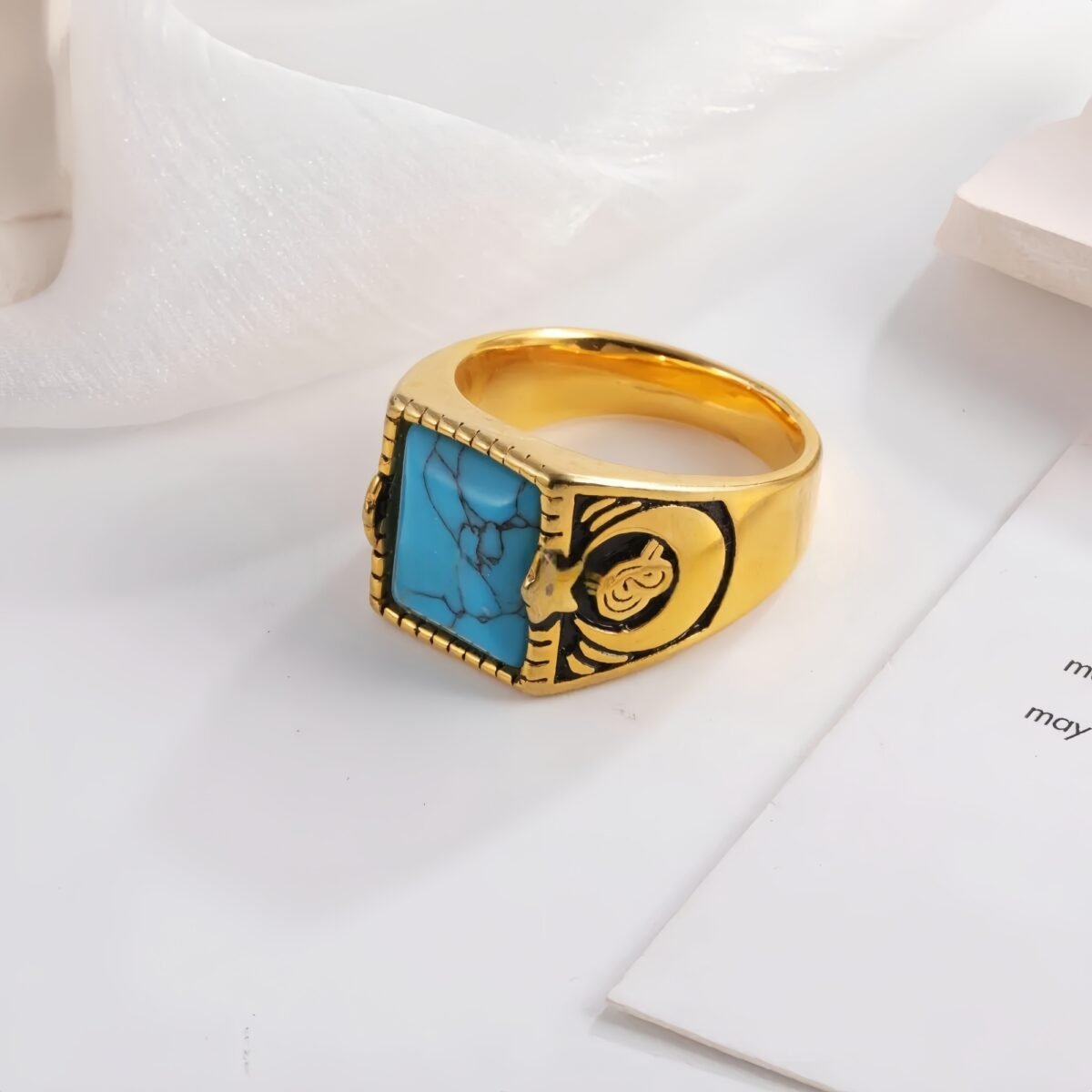 Vintage blue turquoise ring gold plated carved stainless steel men's ring | BL67 - Image 4