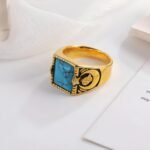 Vintage blue turquoise ring gold plated carved stainless steel men's ring | BL67 - Image 4