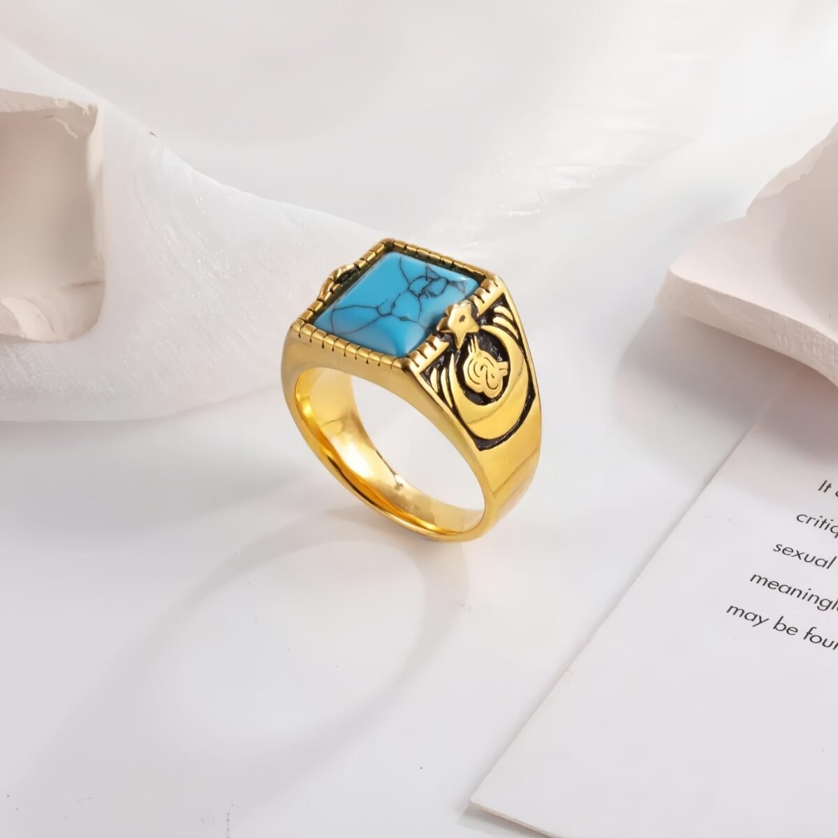 Vintage blue turquoise ring gold plated carved stainless steel men's ring | BL67 - Image 2