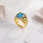 Vintage blue turquoise ring gold plated carved stainless steel men's ring | BL67 - Image 2