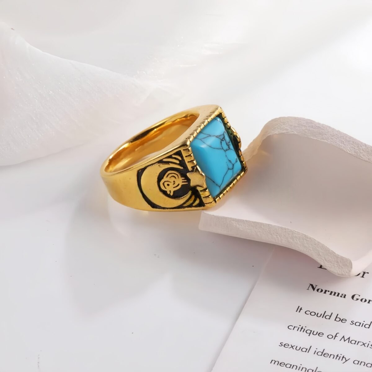 Vintage blue turquoise ring gold plated carved stainless steel men's ring | BL67 - Image 6