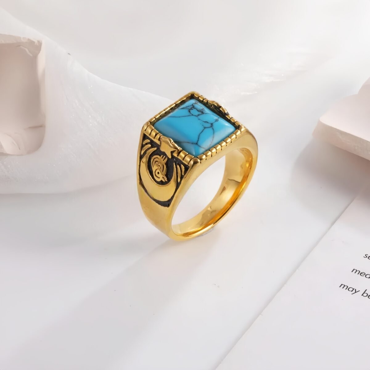 Vintage blue turquoise ring gold plated carved stainless steel men's ring | BL67 - Image 3