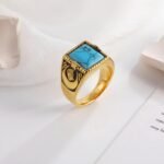 Vintage blue turquoise ring gold plated carved stainless steel men's ring | BL67 - Image 3