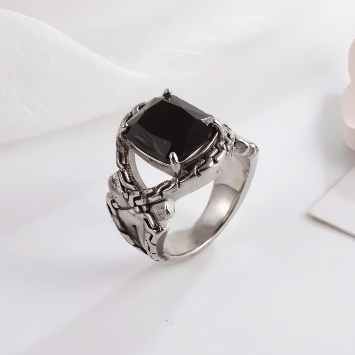 Vintage Chain Inlaid Gemstone Ring Men's Fashion Square Ring | K00659 - Image 8