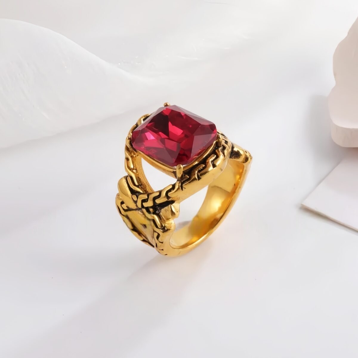 Vintage Chain Inlaid Gemstone Ring Men's Fashion Square Ring | K00659 - Image 2