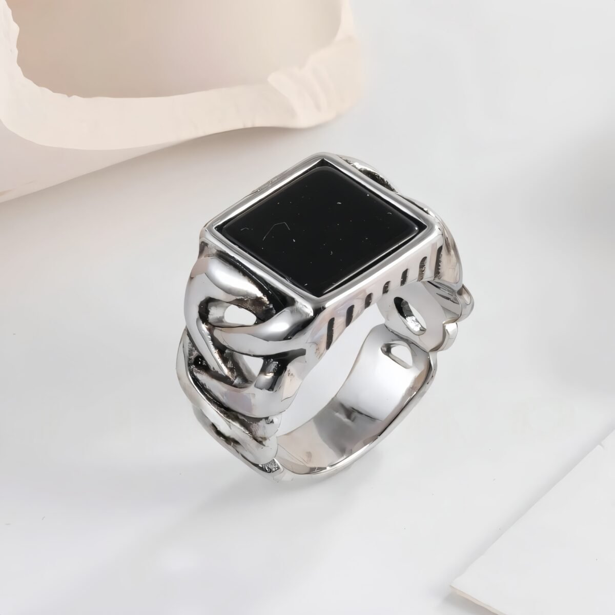Vintage Chain Style Men's Stainless Steel Flat Stone Ring Jewelry | K002683 - Image 4