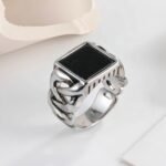 Vintage Chain Style Men's Stainless Steel Flat Stone Ring Jewelry | K002683 - Image 4