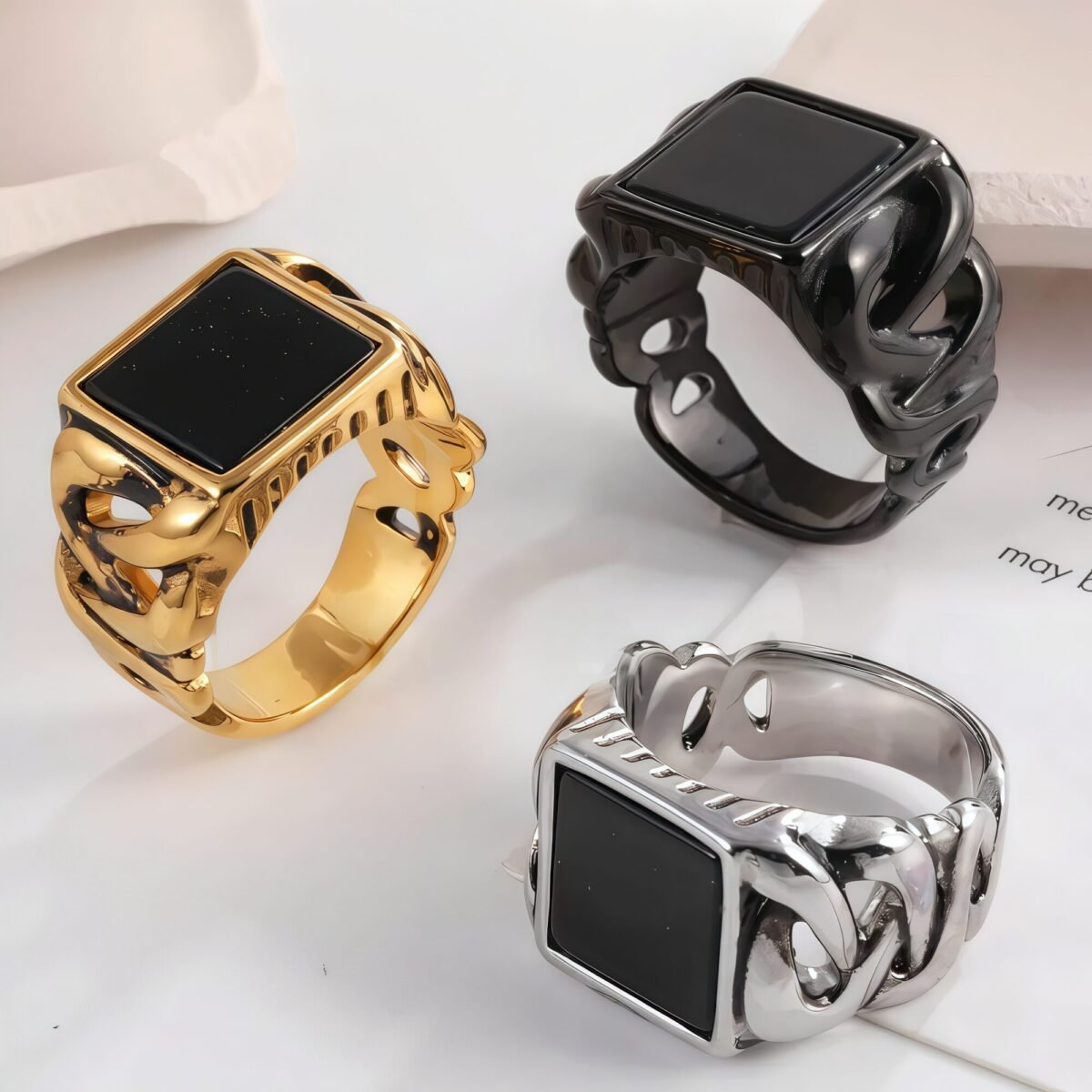 Vintage Chain Style Men's Stainless Steel Flat Stone Ring Jewelry | K002683 - Image 1