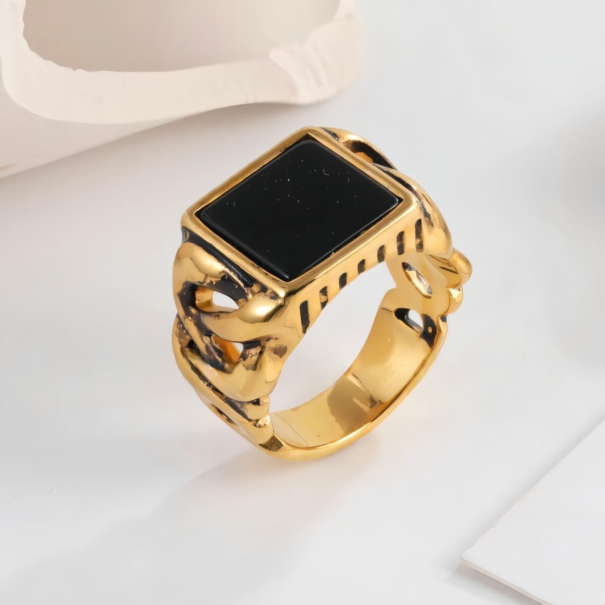 Vintage Chain Style Men's Stainless Steel Flat Stone Ring Jewelry | K002683 - Image 2