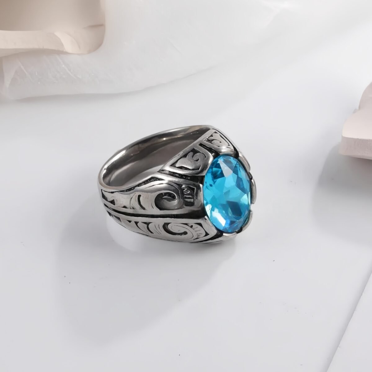 Vintage Floral Pattern Gemstone Ring Men's Silver Trendy Jewelry | K00906 - Image 5