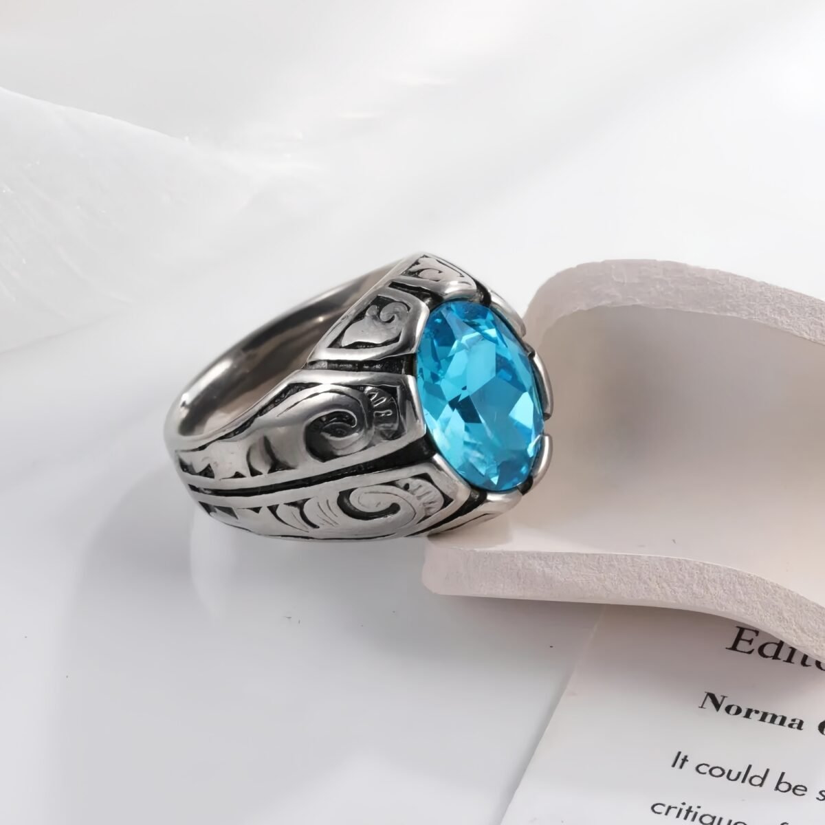 Vintage Floral Pattern Gemstone Ring Men's Silver Trendy Jewelry | K00906 - Image 4