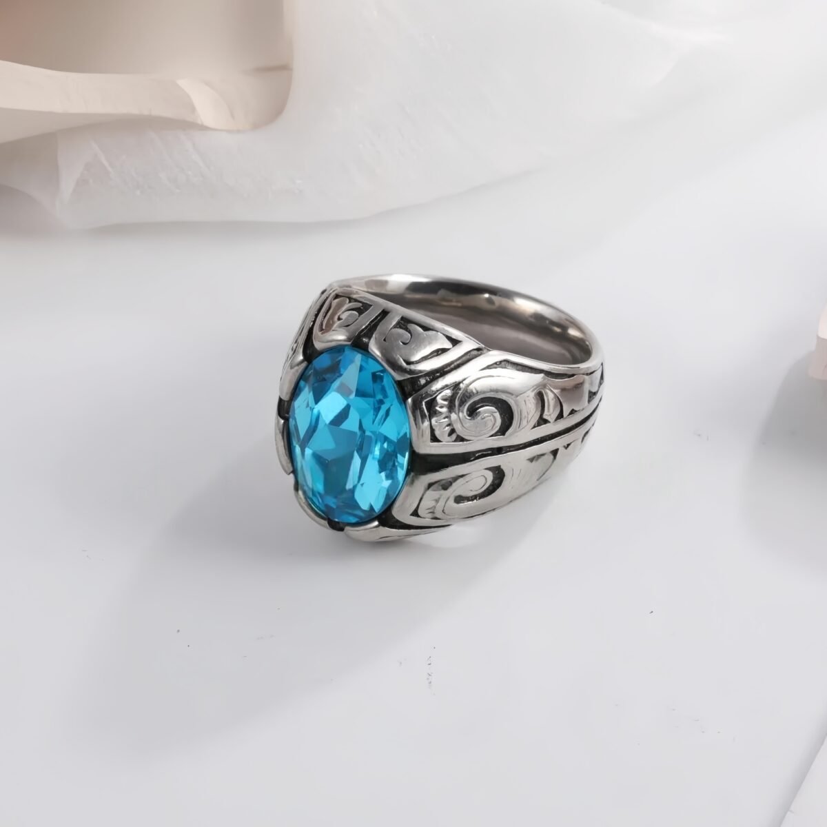 Vintage Floral Pattern Gemstone Ring Men's Silver Trendy Jewelry | K00906 - Image 6
