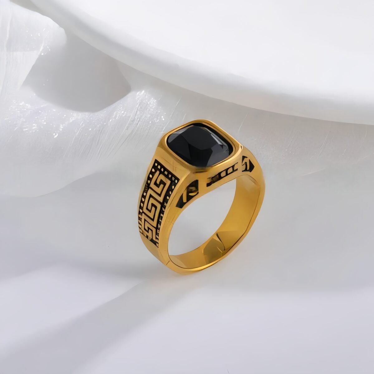 Vintage Greek Pattern Stainless Steel Ring with Gemstone Decoration Men's Ring | K0058 - Image 4