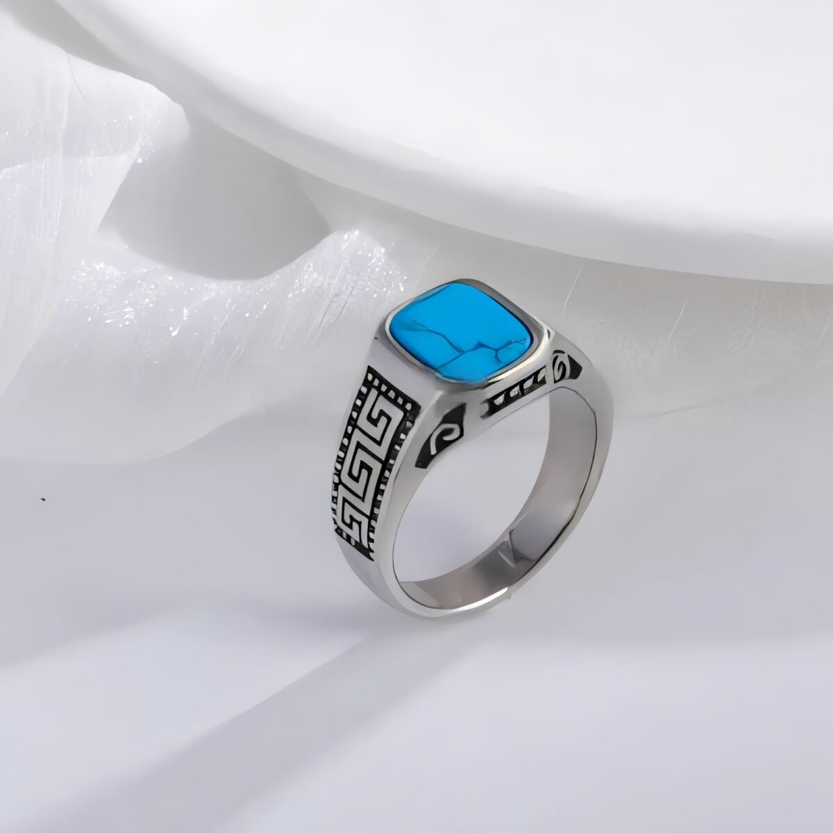 Vintage Greek Pattern Stainless Steel Ring with Gemstone Decoration Men's Ring | K0058 - Image 2