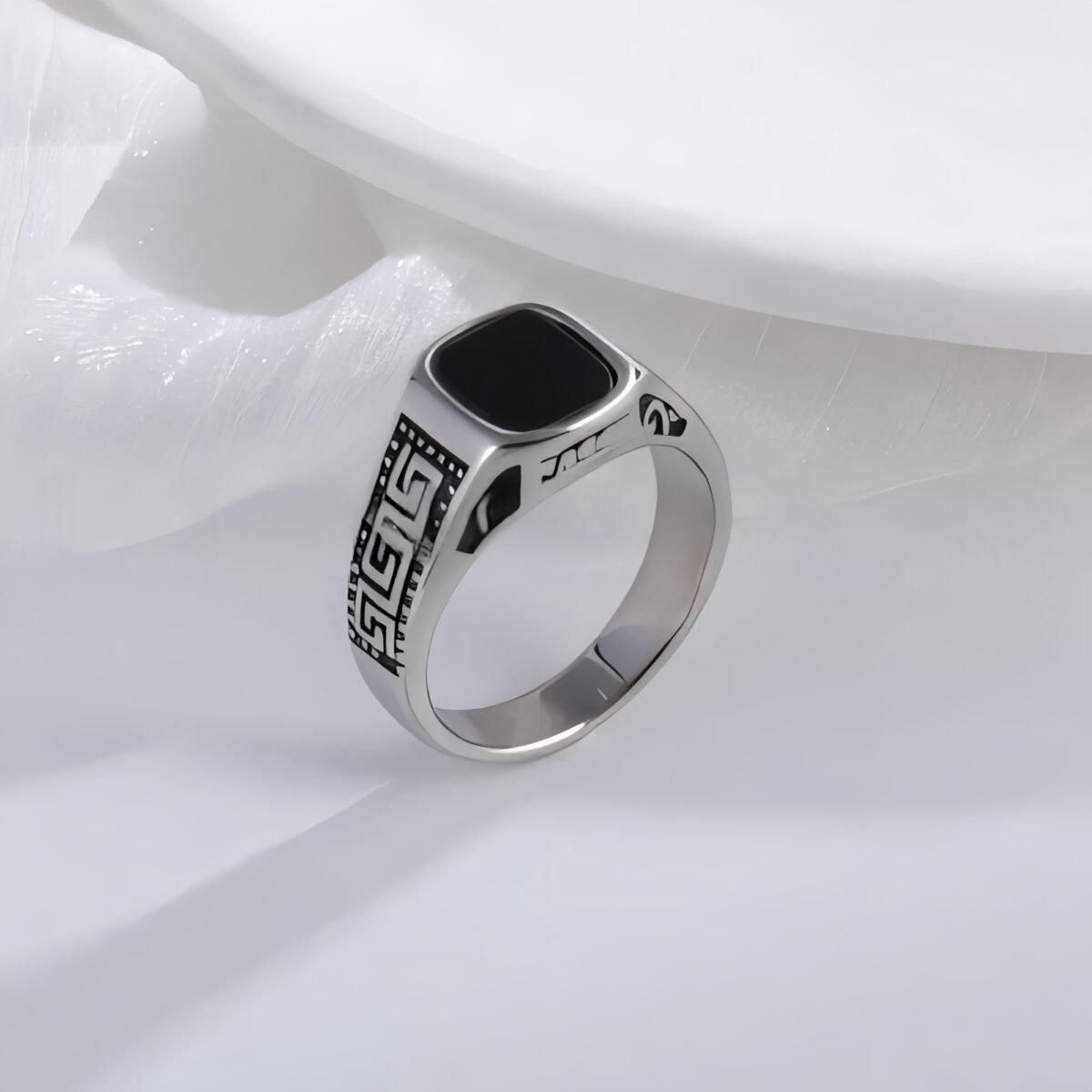 Vintage Greek Pattern Stainless Steel Ring with Gemstone Decoration Men's Ring | K0058 - Image 3