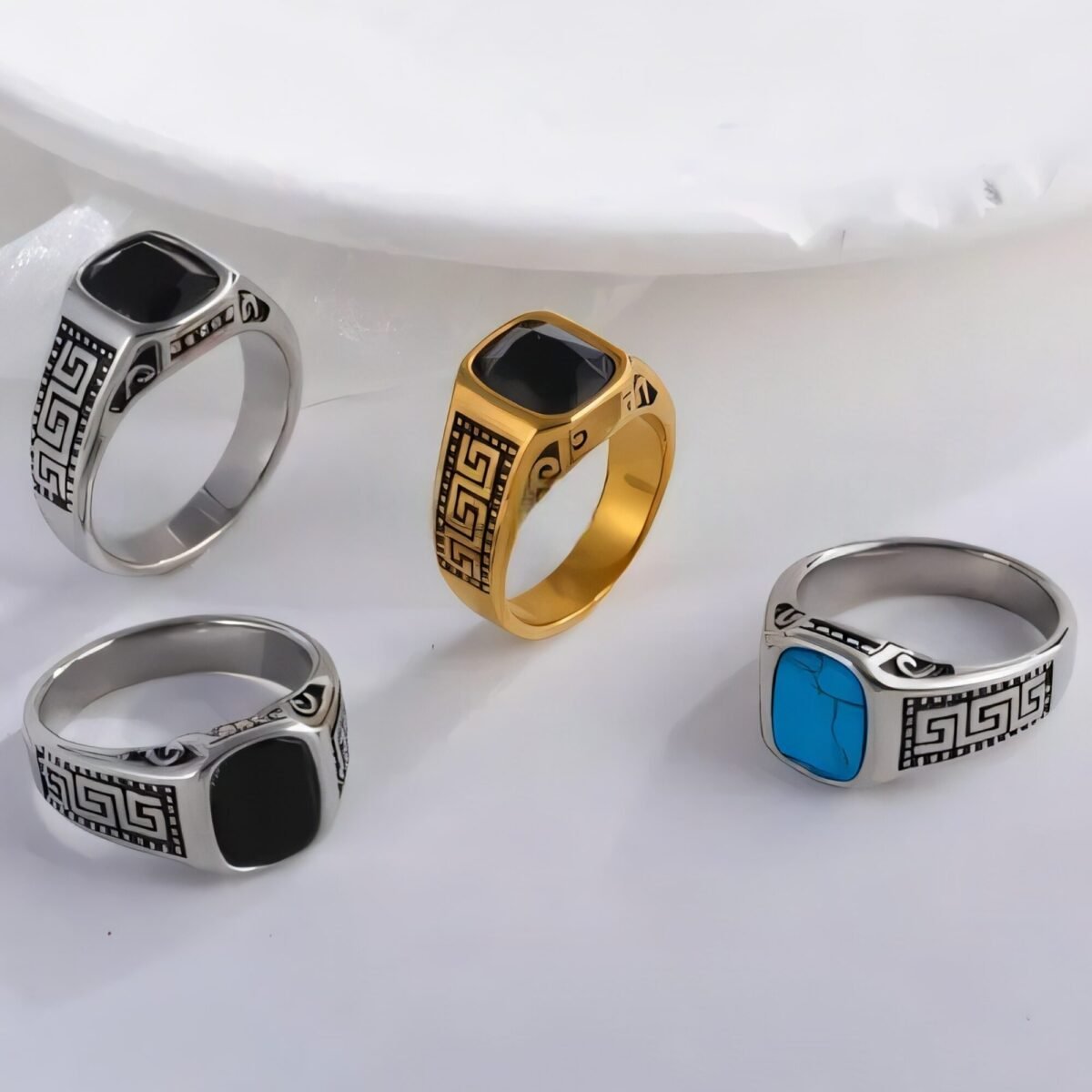Vintage Greek Pattern Stainless Steel Ring with Gemstone Decoration Men's Ring | K0058 - Image 1