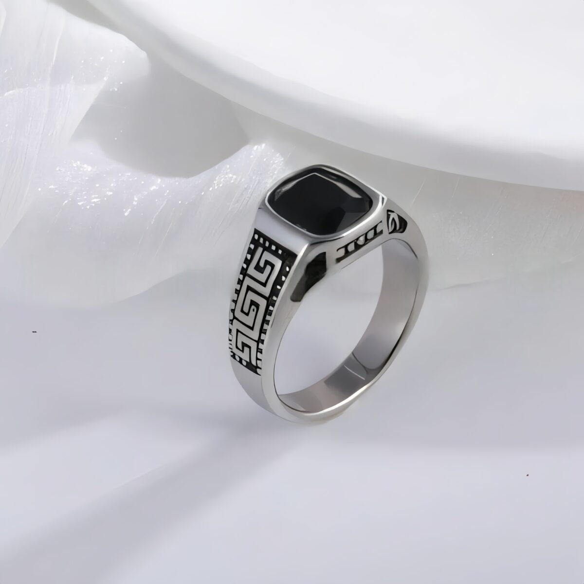 Vintage Greek Pattern Stainless Steel Ring with Gemstone Decoration Men's Ring | K0058 - Image 5