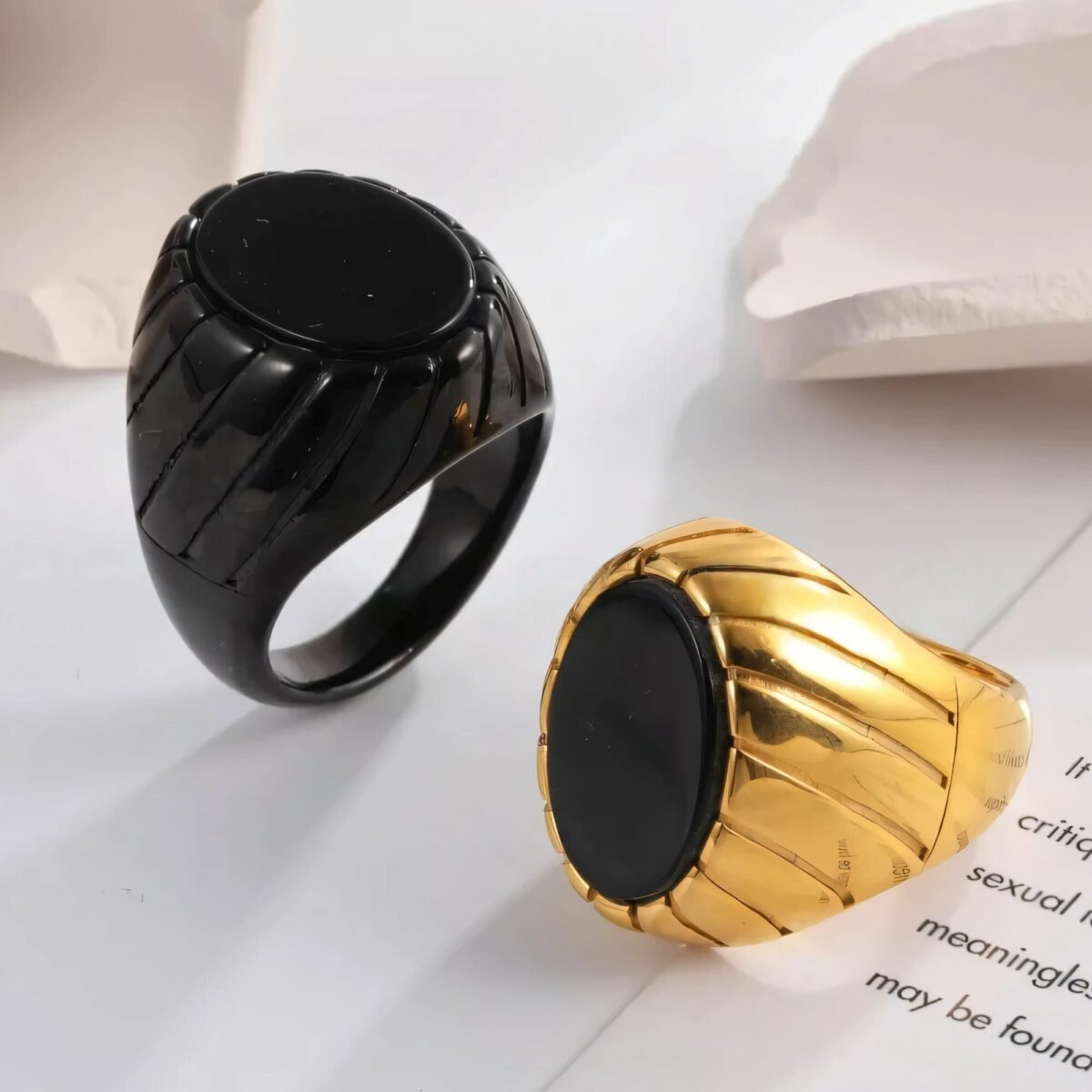 Vintage Oval Black Flat Gemstone Men's Stainless Steel Ring | AMJADBL-10 - Image 1