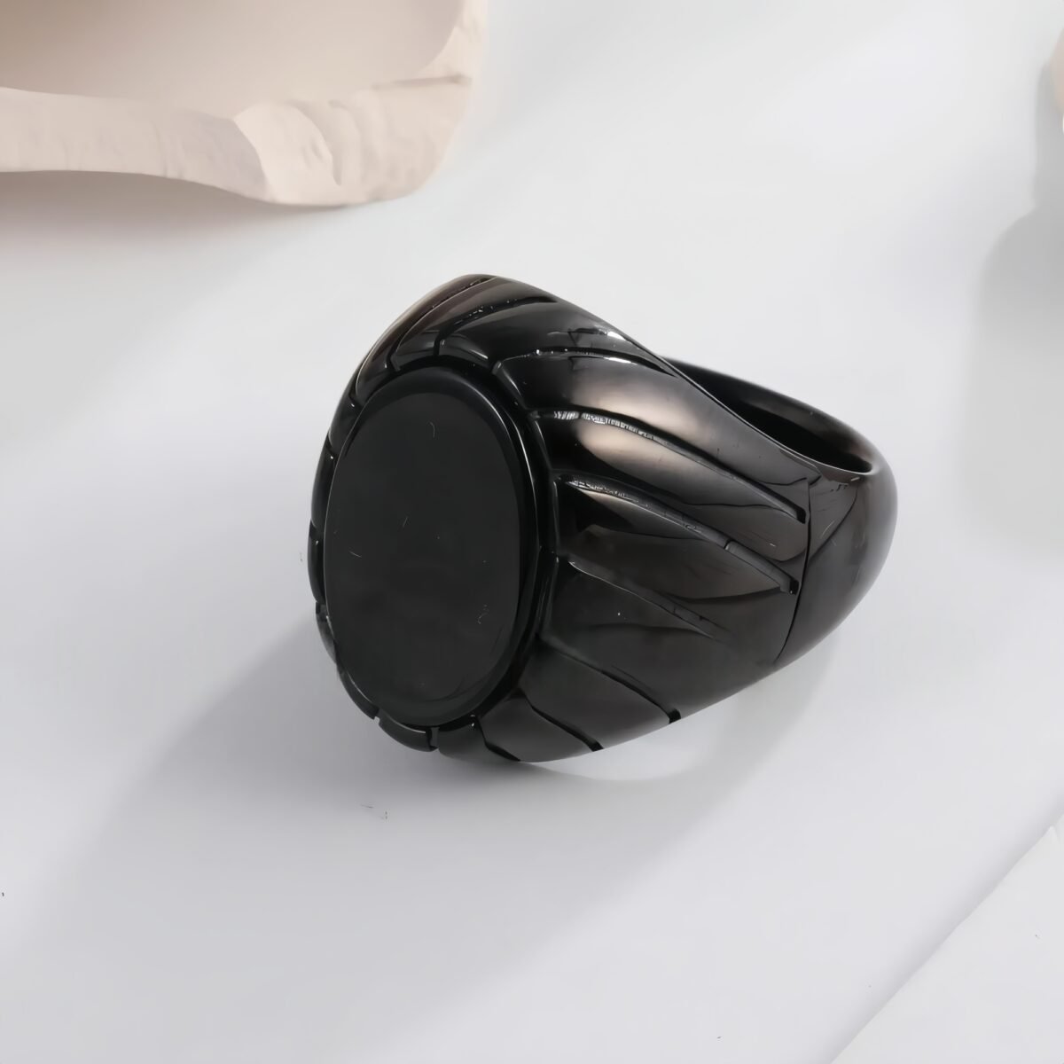Vintage Oval Black Flat Gemstone Men's Stainless Steel Ring | AMJADBL-10 - Image 5