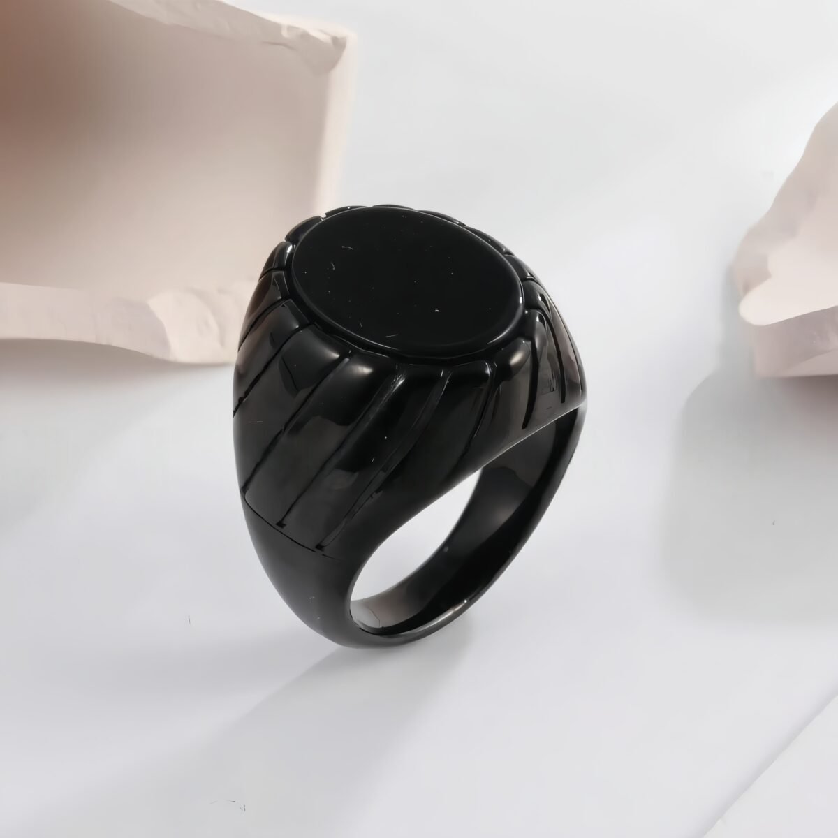 Vintage Oval Black Flat Gemstone Men's Stainless Steel Ring | AMJADBL-10 - Image 4