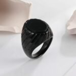 Vintage Oval Black Flat Gemstone Men's Stainless Steel Ring | AMJADBL-10 - Image 4