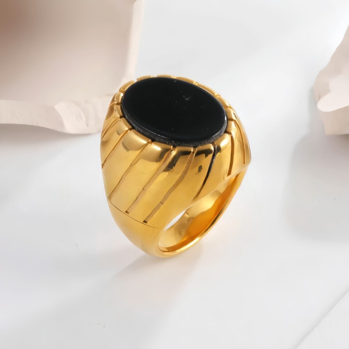 Vintage Oval Black Flat Gemstone Men's Stainless Steel Ring | AMJADBL-10 - Image 2