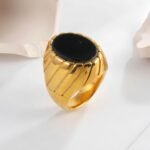 Vintage Oval Black Flat Gemstone Men's Stainless Steel Ring | AMJADBL-10 - Image 2