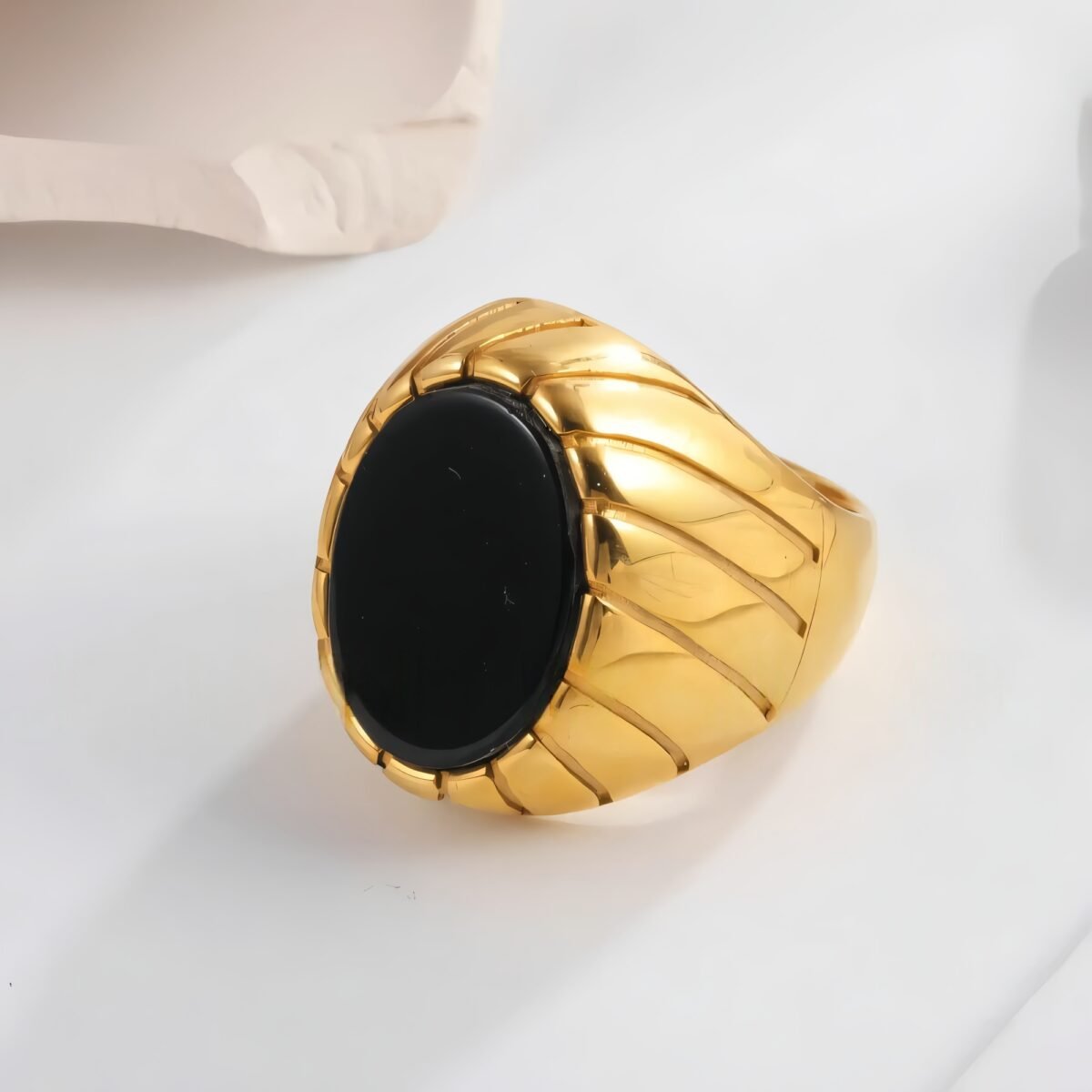 Vintage Oval Black Flat Gemstone Men's Stainless Steel Ring | AMJADBL-10 - Image 3
