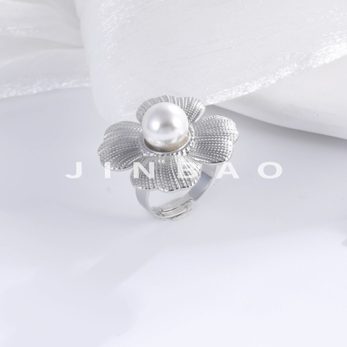 Classic Pearl Inlaid Flower Stainless Steel Women's Waterproof Ring | G005437 - Image 3
